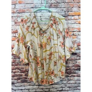 Unique spectrum semi sheer floral shirt top off shoulder white pink women's 2x